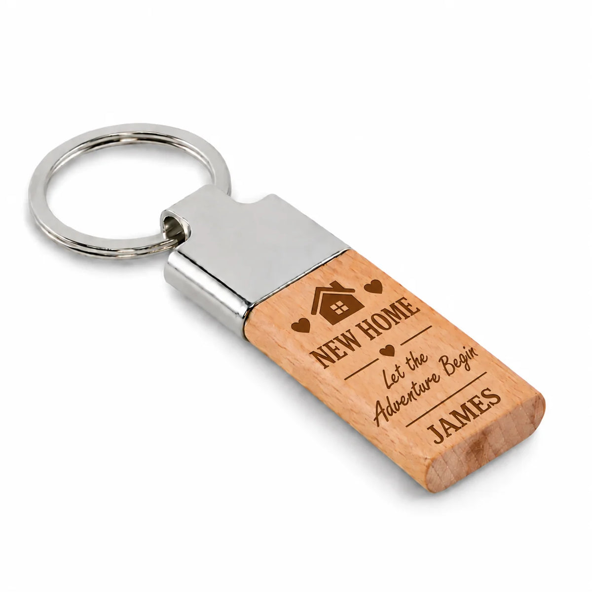 Personalised wooden new home keyring with house and heart design