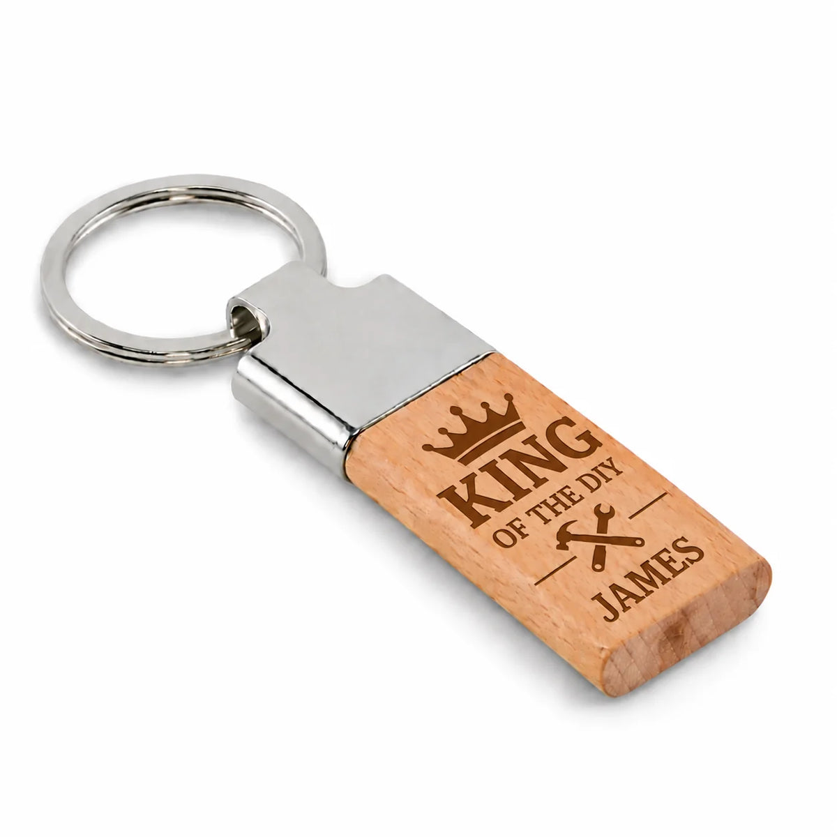 Personalised King of the DIY wooden keyring with crown and tool design