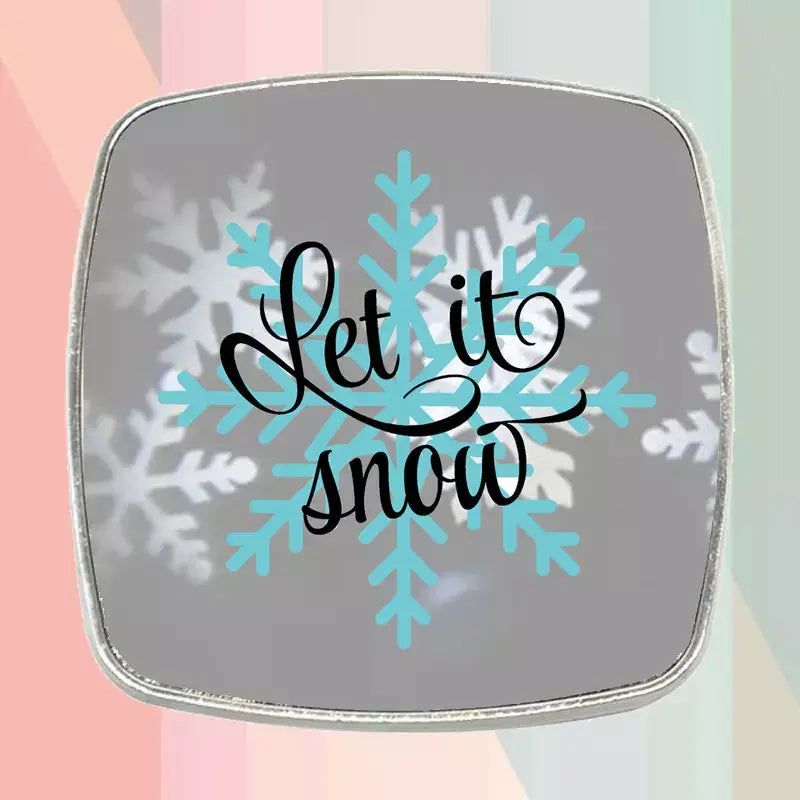 Personalised Let It Snow Christmas fridge magnet with festive winter design, custom name and square metal-edged finish.