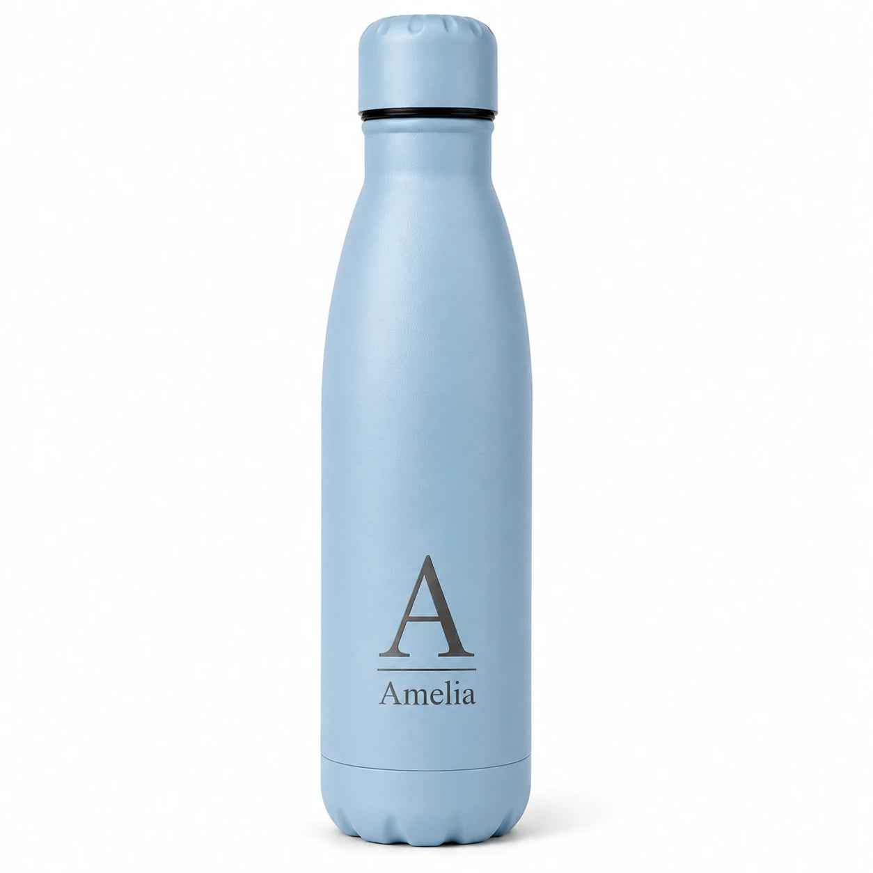 Personalised light blue thermal water bottle with engraved initial and custom name, reusable insulated water bottle.