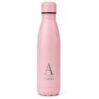 Personalised light pink thermal water bottle with engraved initial and custom name, insulated reusable bottle gift.