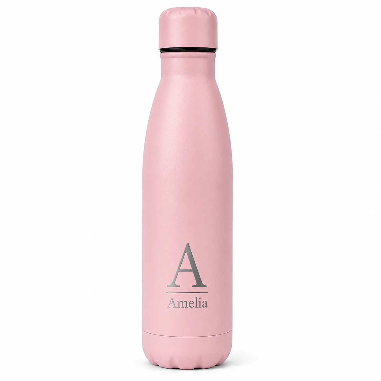Personalised light pink thermal water bottle with engraved initial and custom name, insulated reusable bottle gift.