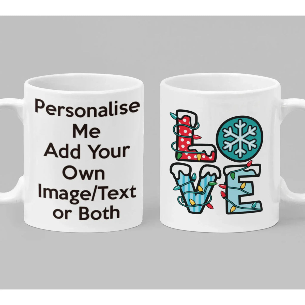Festive Christmas LOVE mug with snow-covered letters, fairy lights and snowflake design – personalised holiday gift