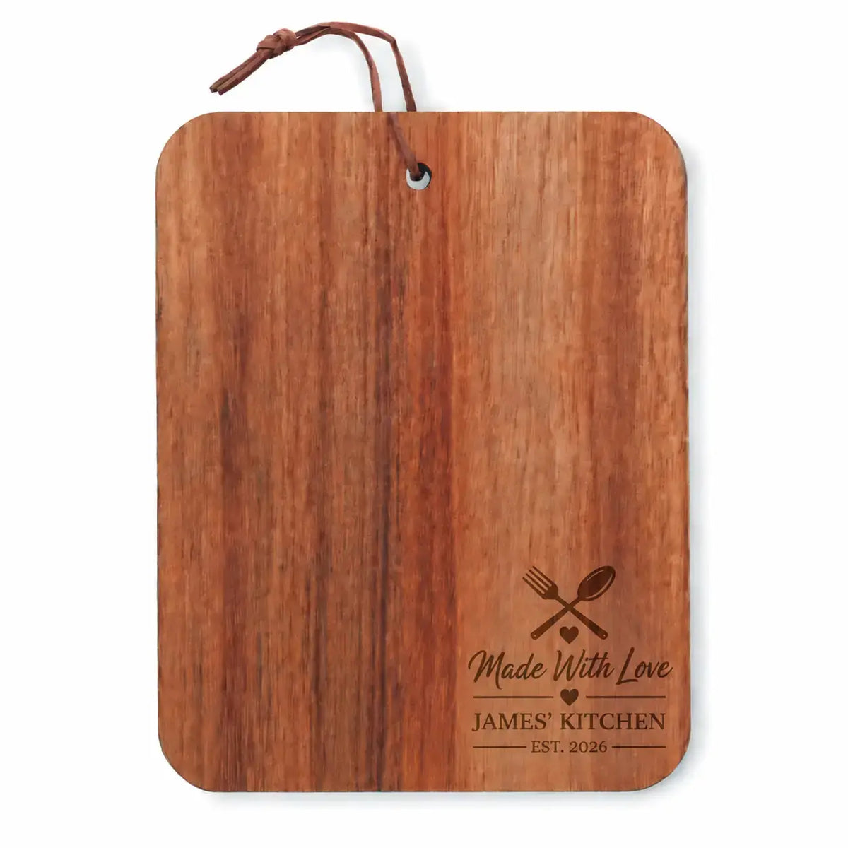 Personalised Made With Love wooden cutting board with brown engraved design