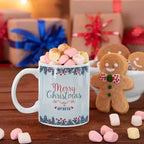 Personalised Merry Christmas and Happy New Year ceramic mug featuring a festive seasonal greeting design.