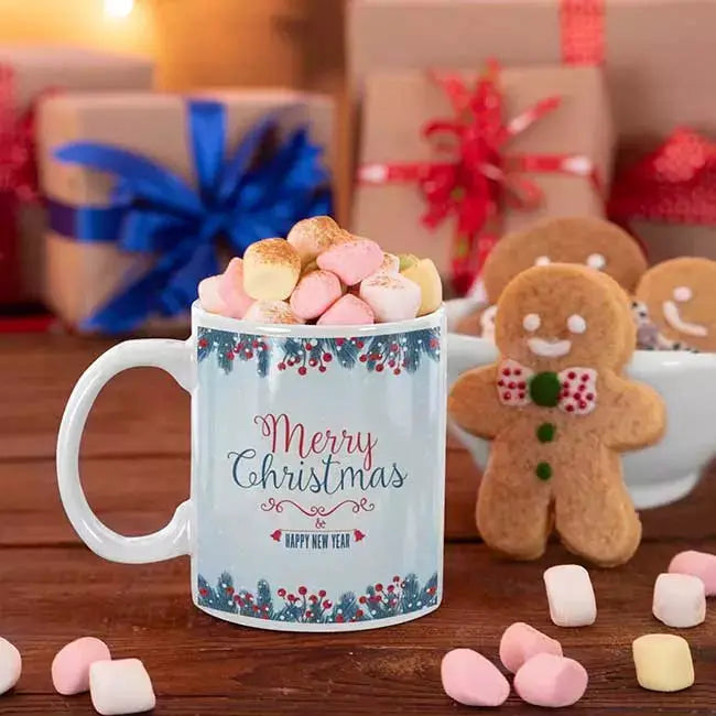 Personalised Merry Christmas and Happy New Year ceramic mug featuring a festive seasonal greeting design.