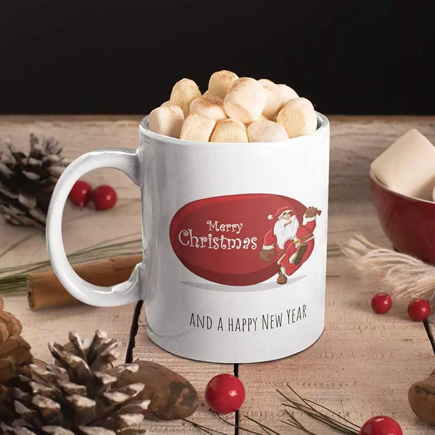 Personalised Merry Christmas and Happy New Year ceramic mug featuring a festive seasonal greeting.