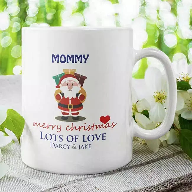 Personalised Merry Christmas ceramic mug with custom name incorporated into the festive greeting design.