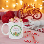 Personalised Merry Christmas ceramic photo mug with festive greeting and custom picture and name.