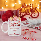 Personalised Merry Christmas ceramic mug with red Christmas baubles and festive greeting design.