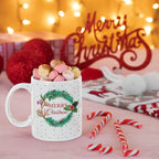 Personalised Merry Christmas wreath ceramic mug with traditional festive wreath artwork.