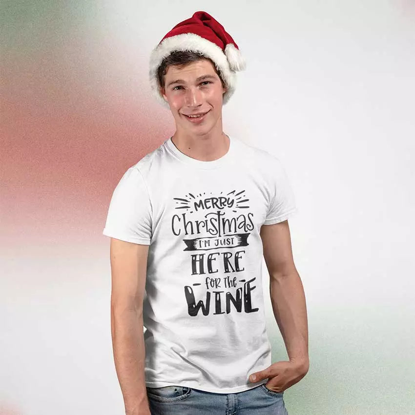 Personalised “Merry Xmas, I’m Just Here for the Wine” Christmas t-shirt with custom name, festive wine humour tee
