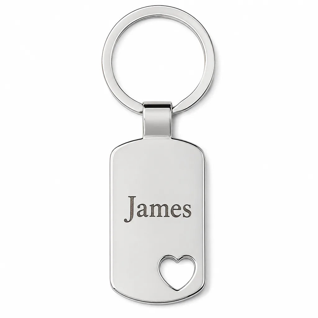 Personalised metal name keyring with heart cut-out and horizontal custom name