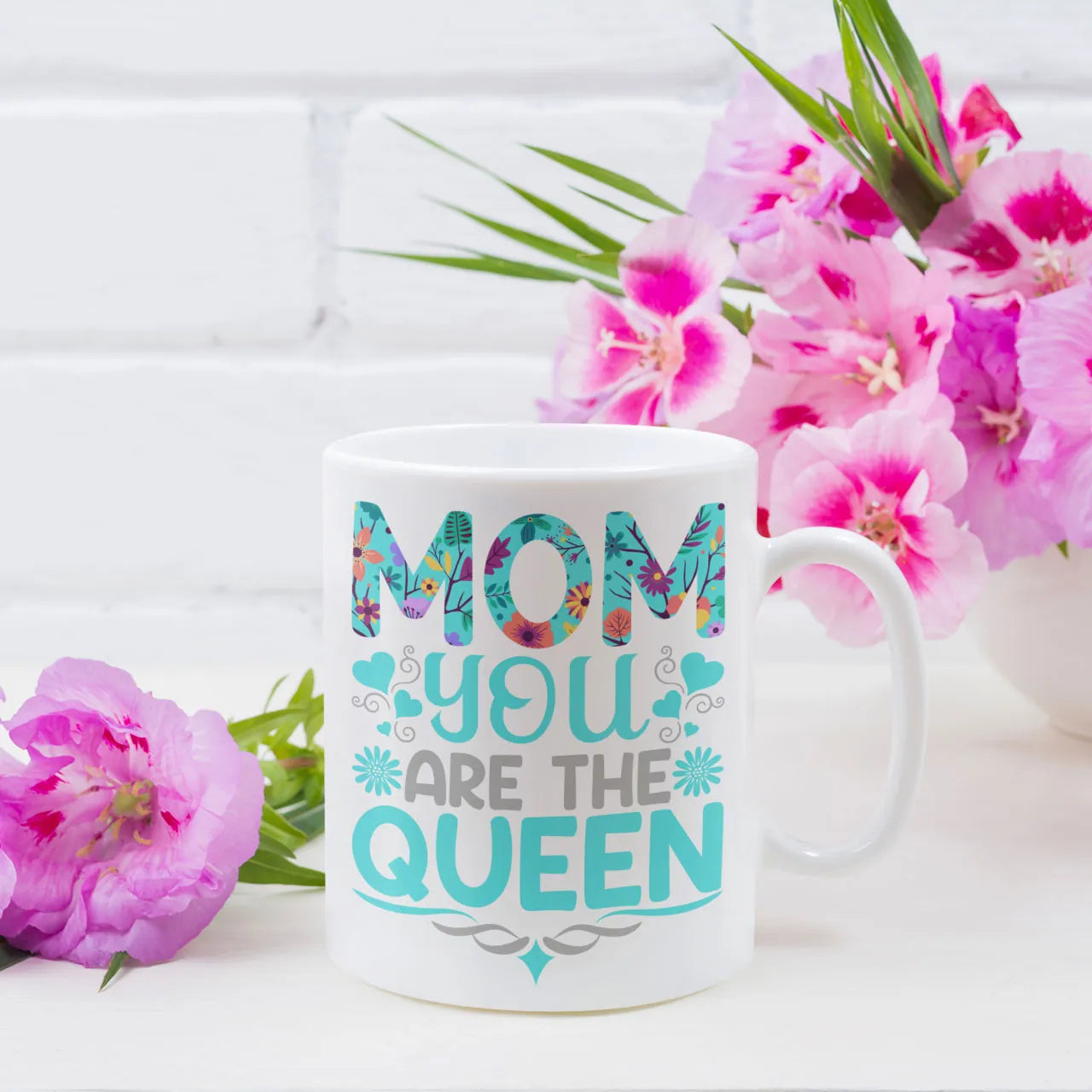 Double-sided personalised ceramic mug with "Mom You Are The Queen" elegant typography on the front and custom photo or message option on the back, high-definition print gift for mum.