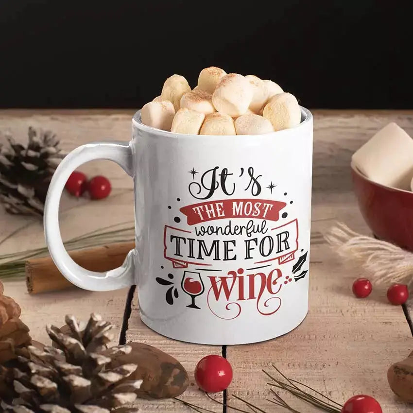 Personalised It's the Most Wonderful Time for Wine Christmas mug featuring a funny festive wine-themed slogan.