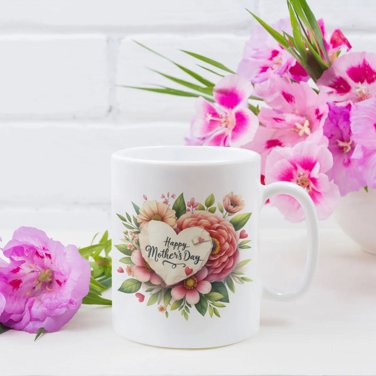 Happy Mothers Day heart wreath floral mug with custom photo and message printed on reverse