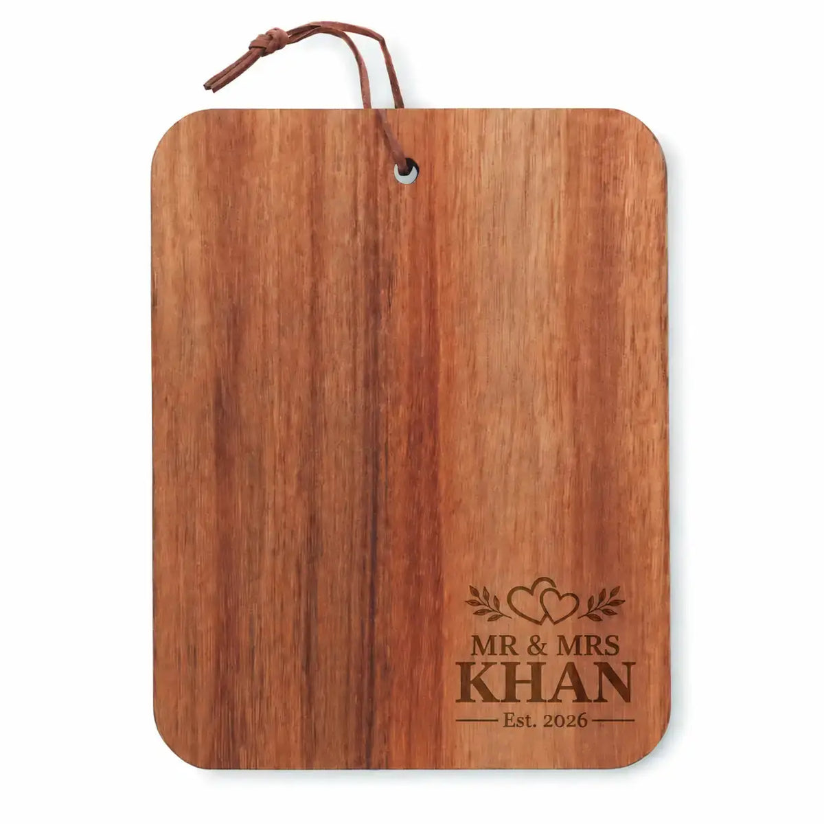 Personalised Mr and Mrs wooden cutting board with brown engraved design