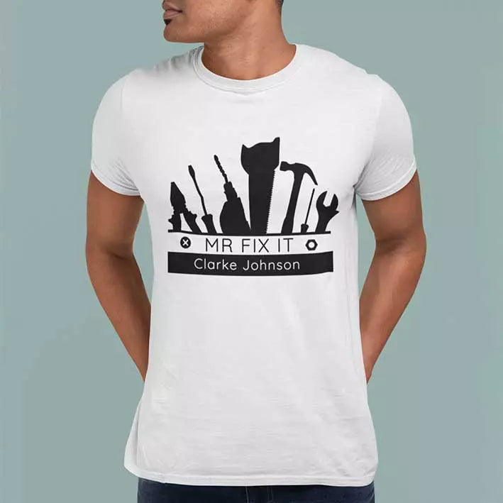 Personalised Mr Fix t-shirt with custom name, a thoughtful DIY and handyman gift for dads, husbands, or home improvement lovers