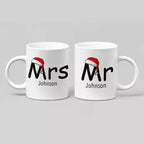 Personalised Mr and Mrs Christmas ceramic mugs featuring festive couple designs with custom names, ideal as a Christmas gift for married couples.