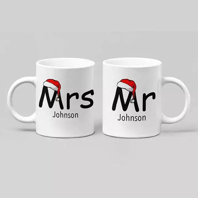 Personalised Mr and Mrs Christmas ceramic mugs featuring festive couple designs with custom names, ideal as a Christmas gift for married couples.