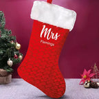 personalised Mrs red velvet Christmas stocking with fluffy white trim, custom printed names and hanging loops.