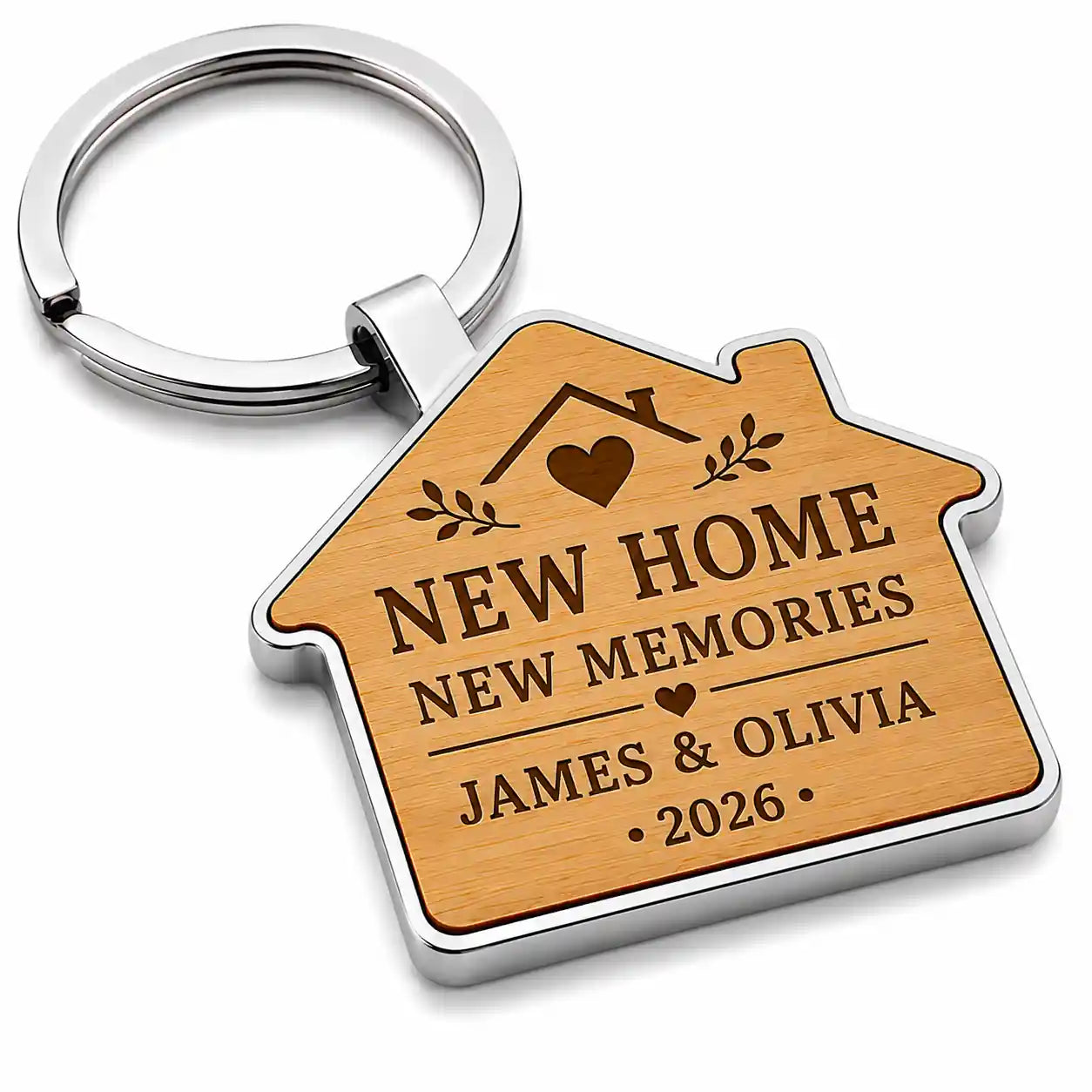Personalised New Home New Memories house keyring with two names and special year