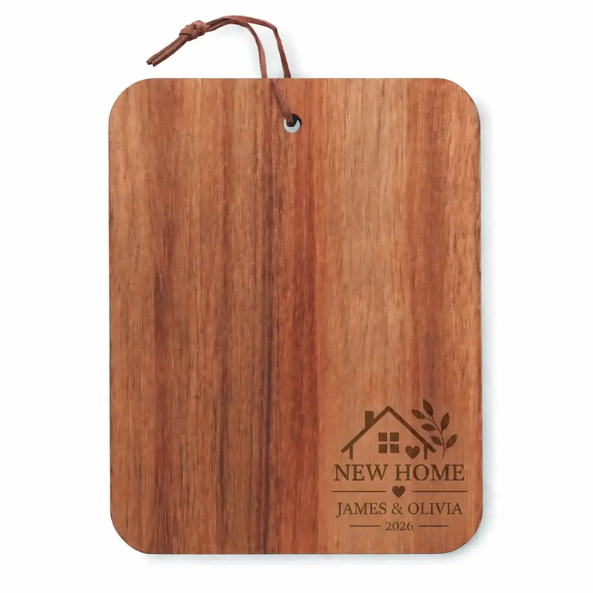 Personalised new home wooden cutting board with brown engraved design