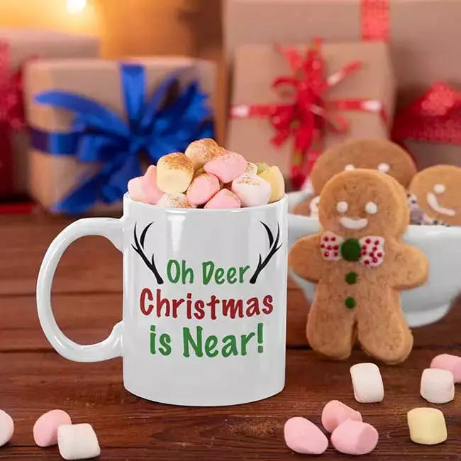 Personalised Oh Deer Christmas Is Near ceramic mug featuring a playful festive Christmas pun design.