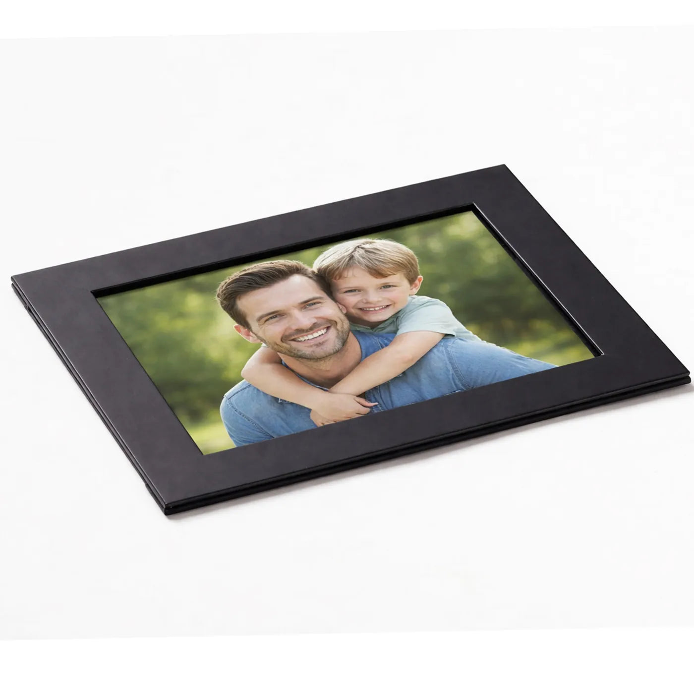 Personalised photo frame mockup showing father and son photo inside black matt photo frame, ideal Fathers Day personalised frame gift, family memory photo display and keepsake gift box insert.