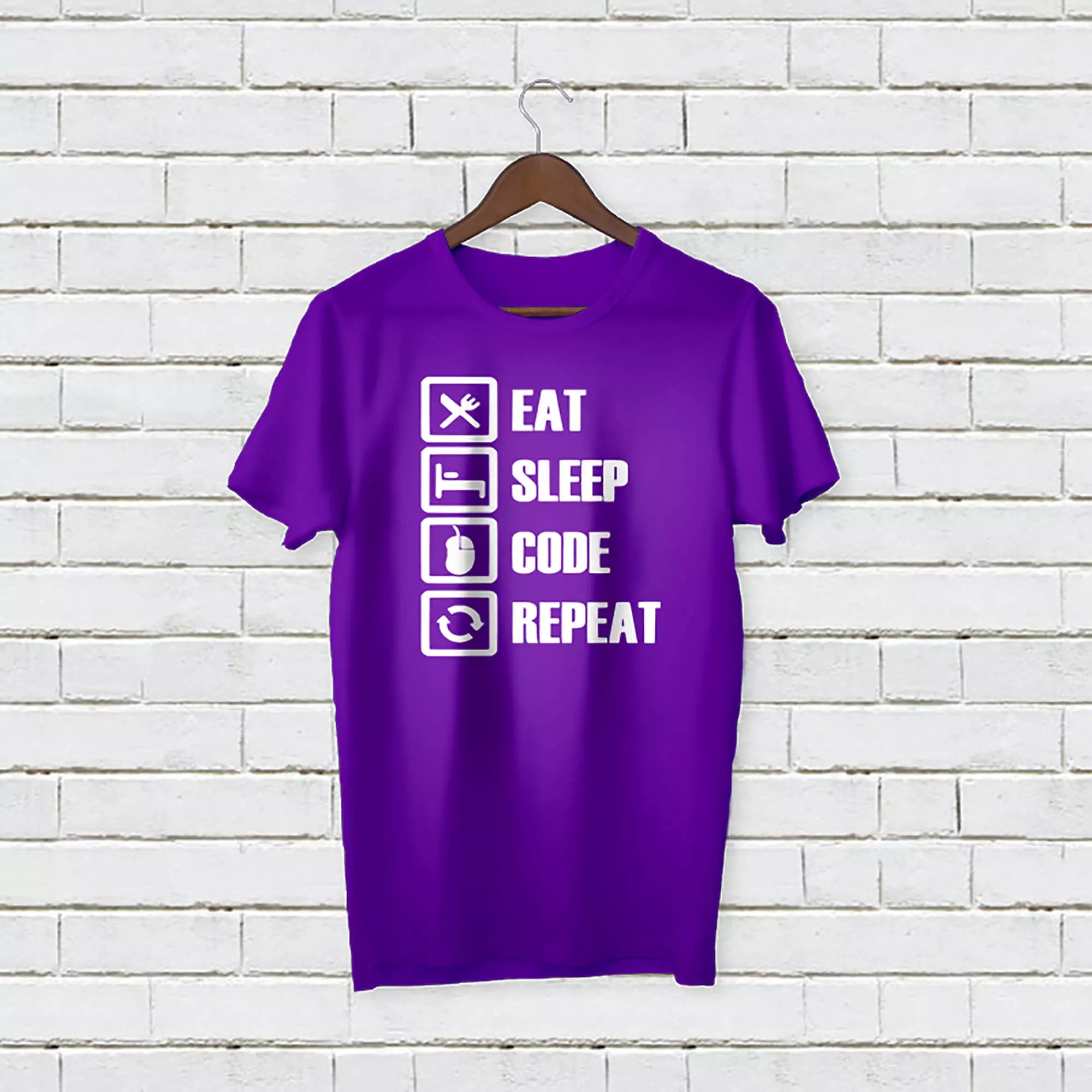 Personalised tech enthusiast t-shirt celebrating life in code — eat, sleep, code, repeat with personalised name
