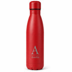 Personalised red engraved stainless steel water bottle with custom initial and name, reusable insulated flask.