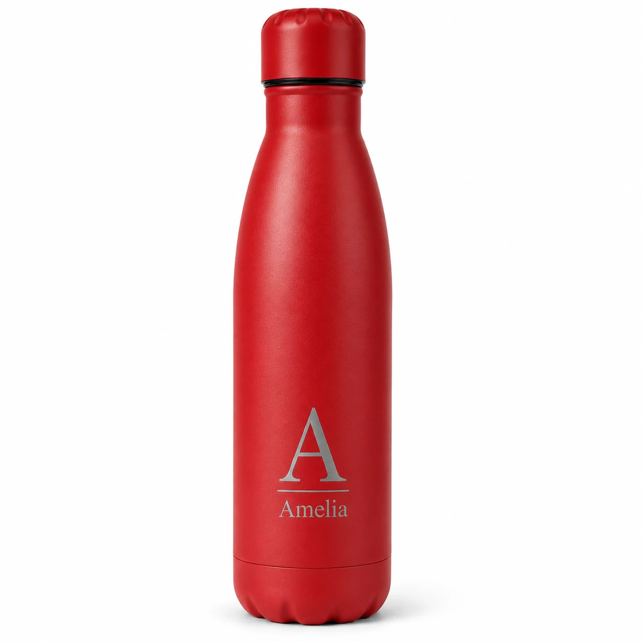 Personalised red engraved stainless steel water bottle with custom initial and name, reusable insulated flask.