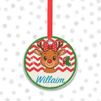 Personalised Christmas reindeer ornament with name and festive red ribbon