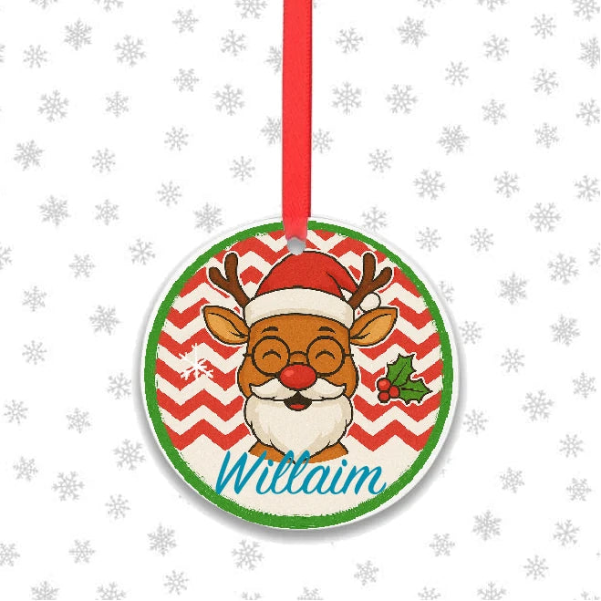 Personalised Christmas reindeer ornament with name, round festive tree decoration