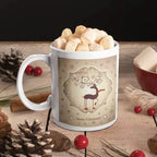 Personalised reindeer Christmas mug featuring a cute reindeer wearing a red scarf on a white ceramic mug.