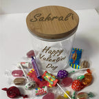 Personalised sweets jar filled with retro sweets and chocolates