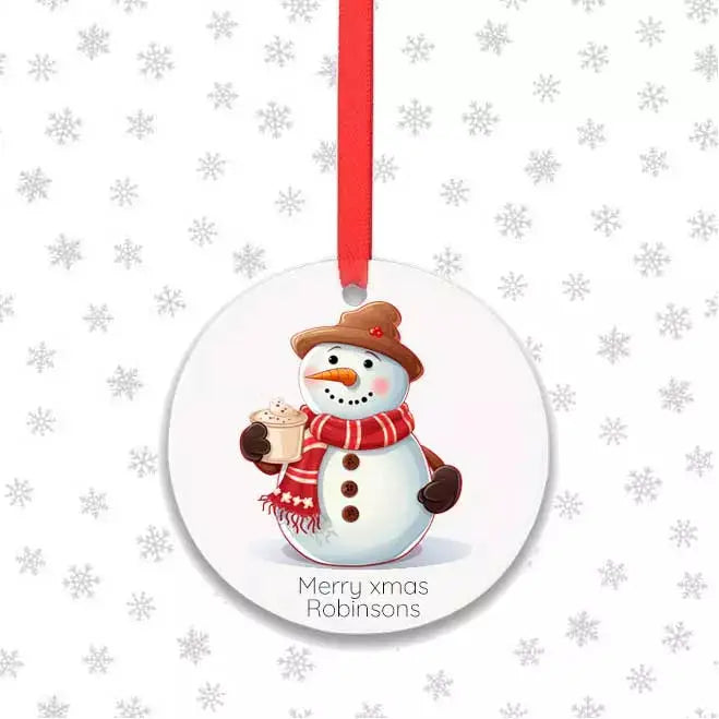 Personalised round snowman Christmas bauble with festive snowman artwork on a glossy aluminium tree decoration.