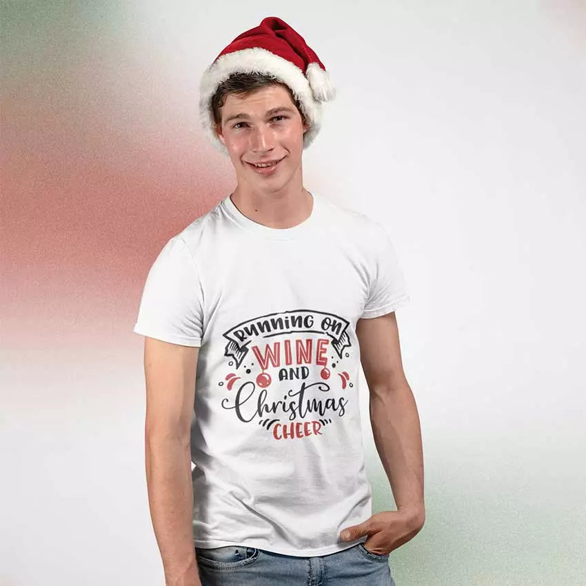 Personalised “Running on Wine and Xmas Cheer” Christmas t-shirt with custom name, fun festive wine humour tee
