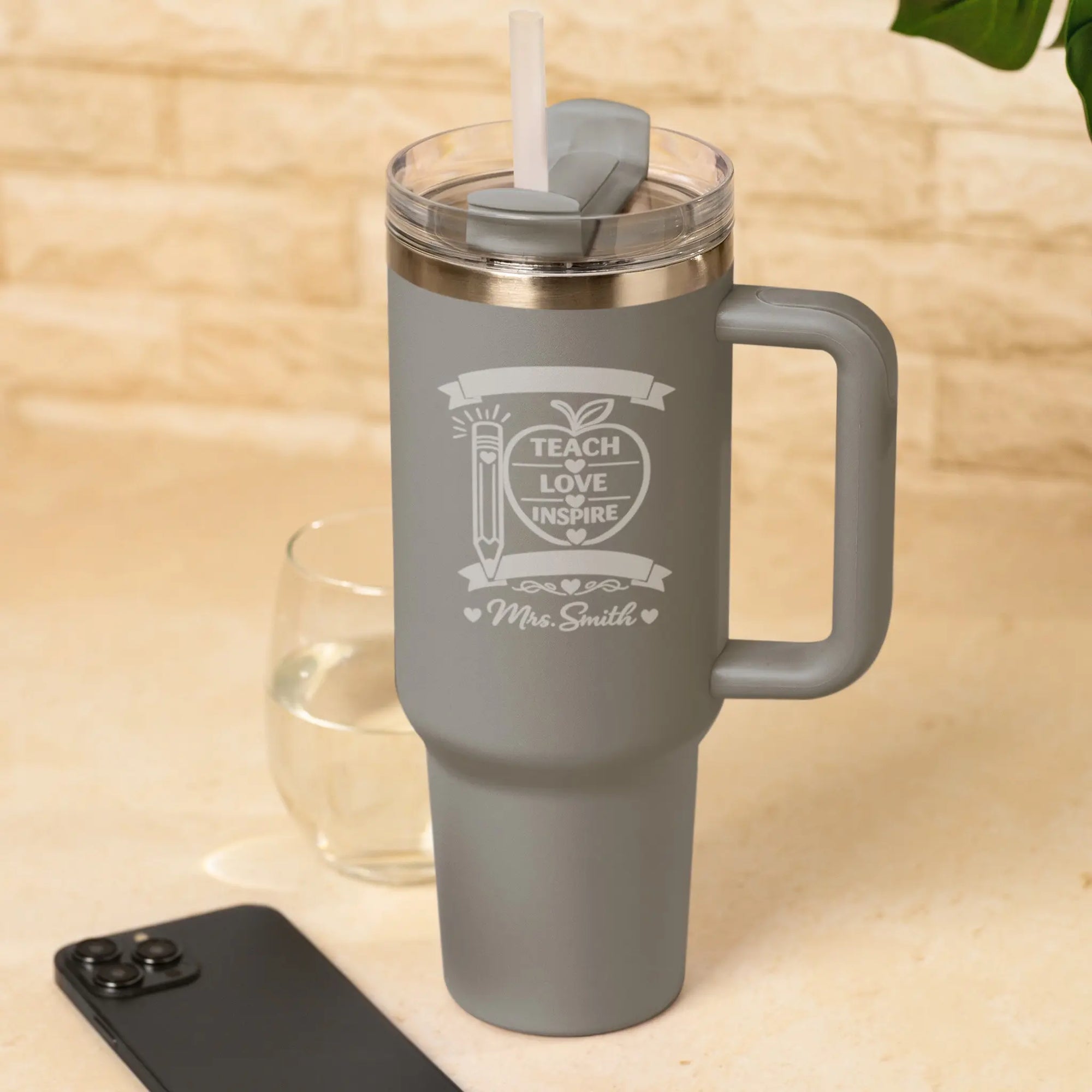 Personalised Teach Love Inspire Teacher Tumbler in Light Grey engraved with teacher name, insulated stainless steel travel mug with handle and straw, thoughtful thank you teacher gift.