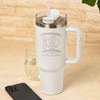 Personalised Teach Love Inspire Teacher Tumbler in White engraved with teacher name, insulated stainless steel travel mug with handle and straw, thoughtful thank you teacher gift.