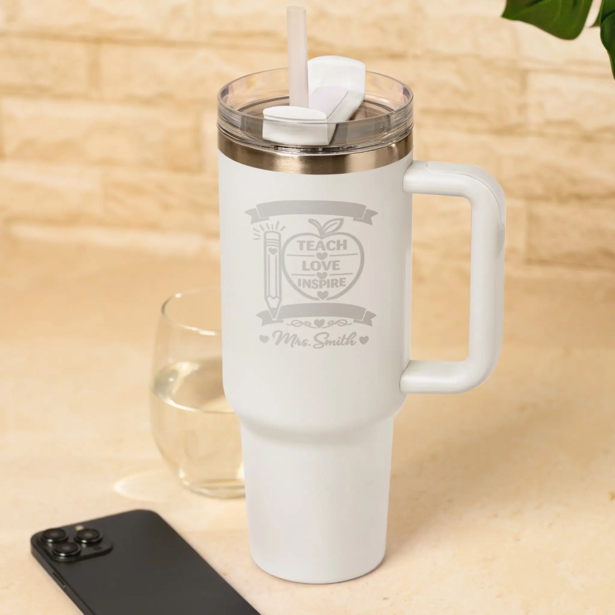 Personalised Teach Love Inspire Teacher Tumbler in White engraved with teacher name, insulated stainless steel travel mug with handle and straw, thoughtful thank you teacher gift.