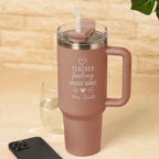Personalised Teacher Tumbler Gift - Teacher Fueling Bright Minds Engraved Travel Cup in Blush Pink