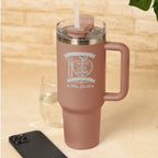 Personalised Teach Love Inspire Teacher Tumbler in Pink engraved with teacher name, insulated stainless steel travel mug with handle and straw, thoughtful thank you teacher gift.