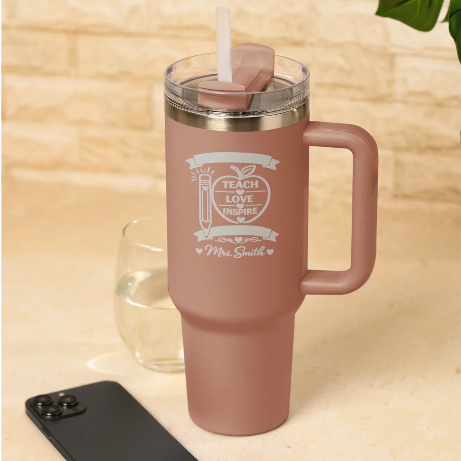 Personalised Teach Love Inspire Teacher Tumbler in Pink engraved with teacher name, insulated stainless steel travel mug with handle and straw, thoughtful thank you teacher gift.