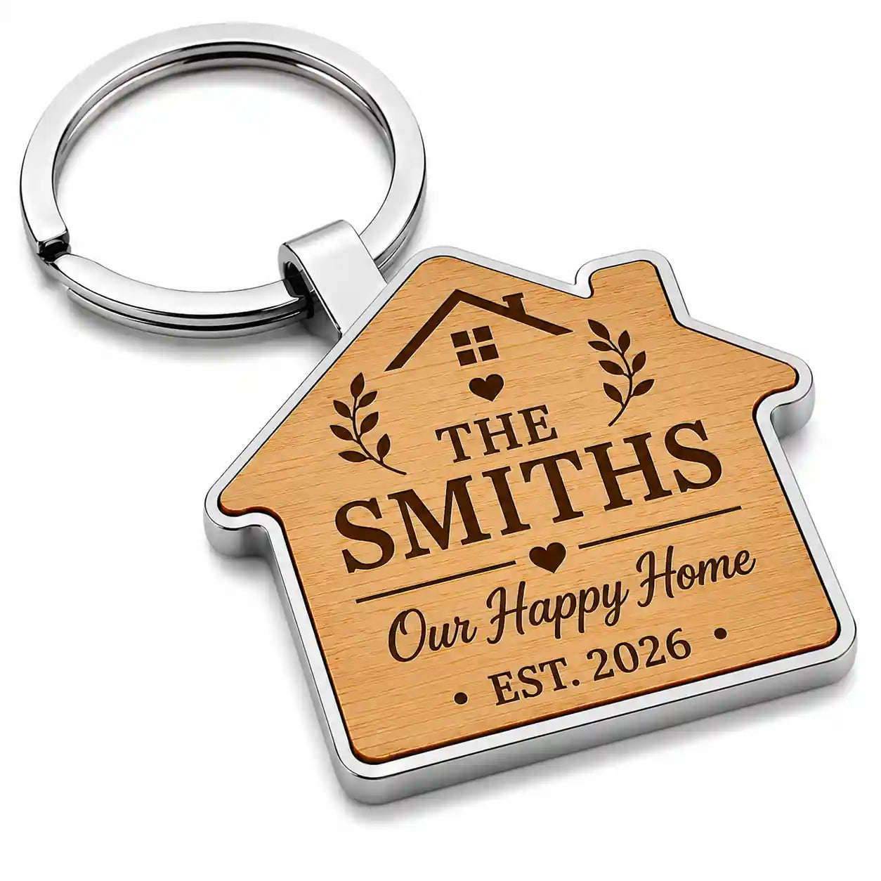 Personalised family name Our Happy Home house keyring with year