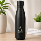 Engraved black thermal water bottle personalised with name and initial, custom insulated bottle gift for him, gym, work or birthdays