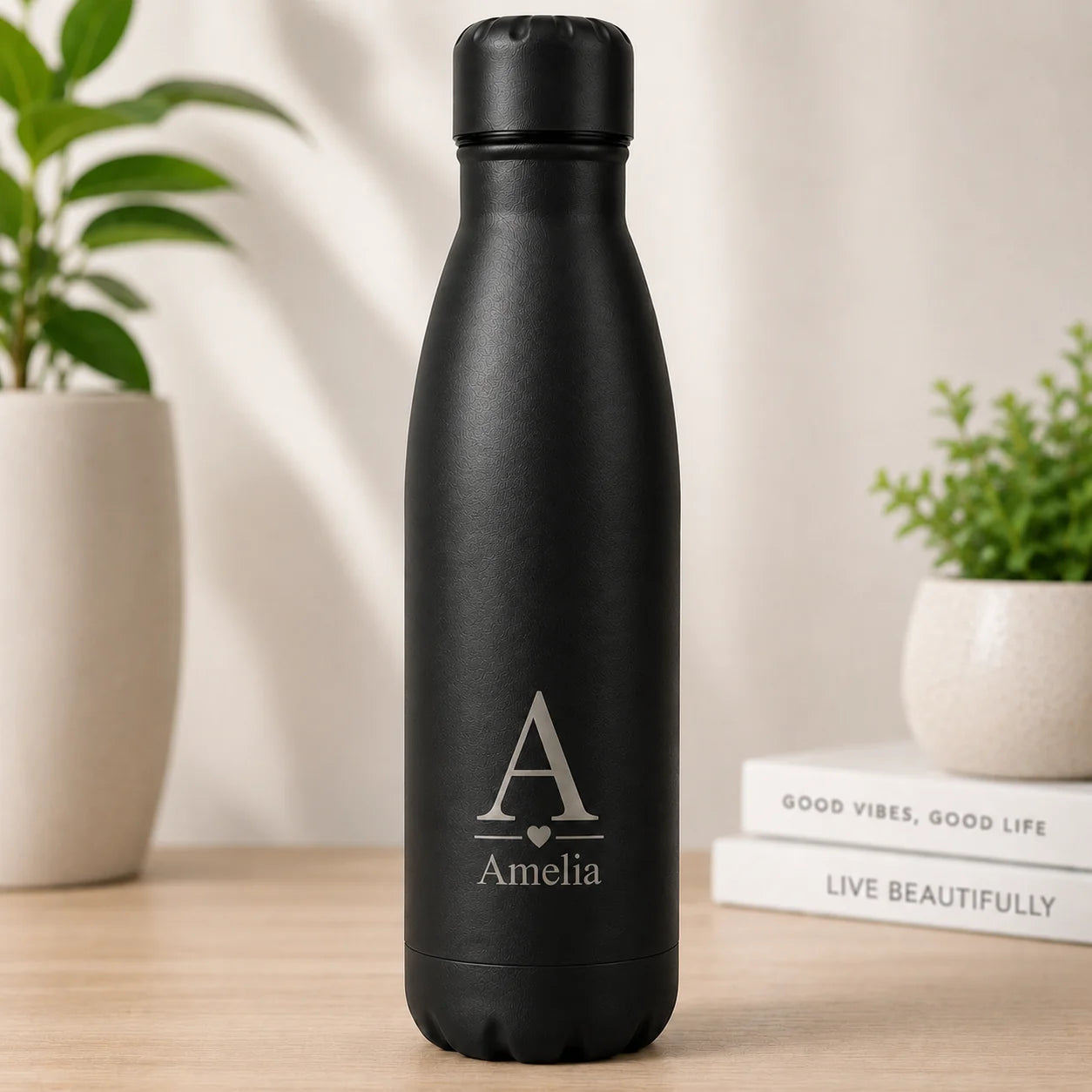 Engraved black thermal water bottle personalised with name and initial, custom insulated bottle gift for him, gym, work or birthdays