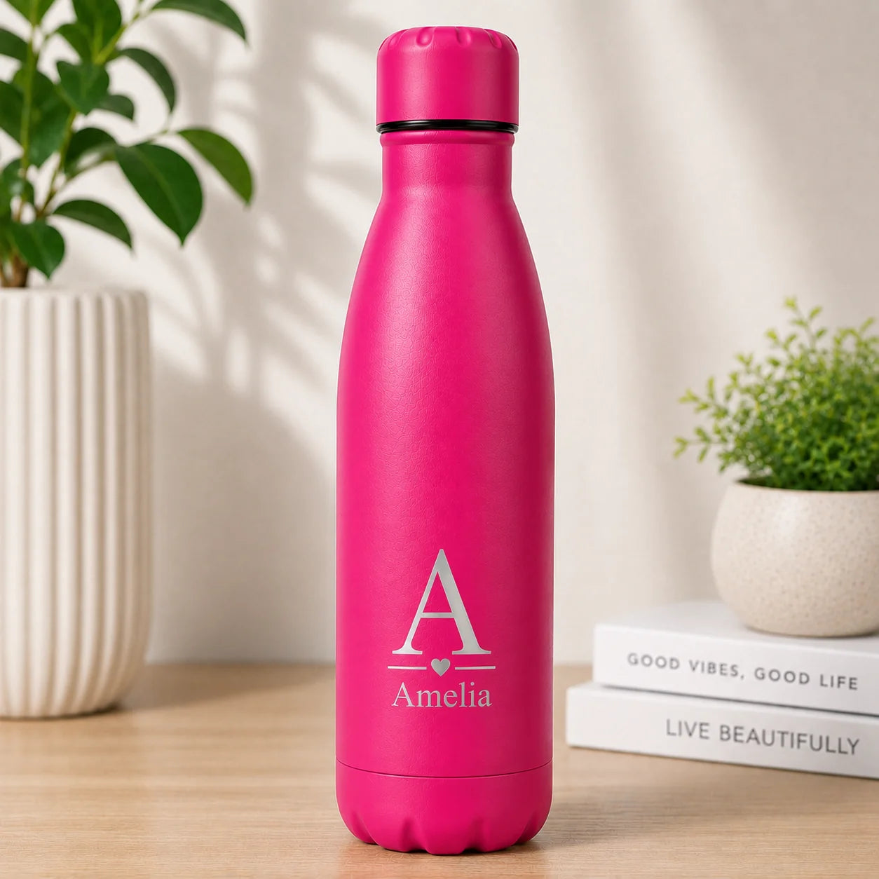Bright fuchsia personalised thermal bottle with engraved name and initial, unique birthday gift for women, girls, friends or sisters