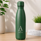 Personalised green thermal drinks bottle engraved with name and initial, reusable stainless steel bottle for hiking, camping, gym or work