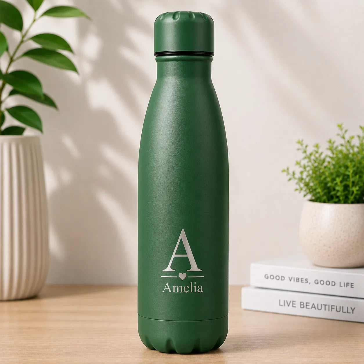 Personalised green thermal drinks bottle engraved with name and initial, reusable stainless steel bottle for hiking, camping, gym or work
